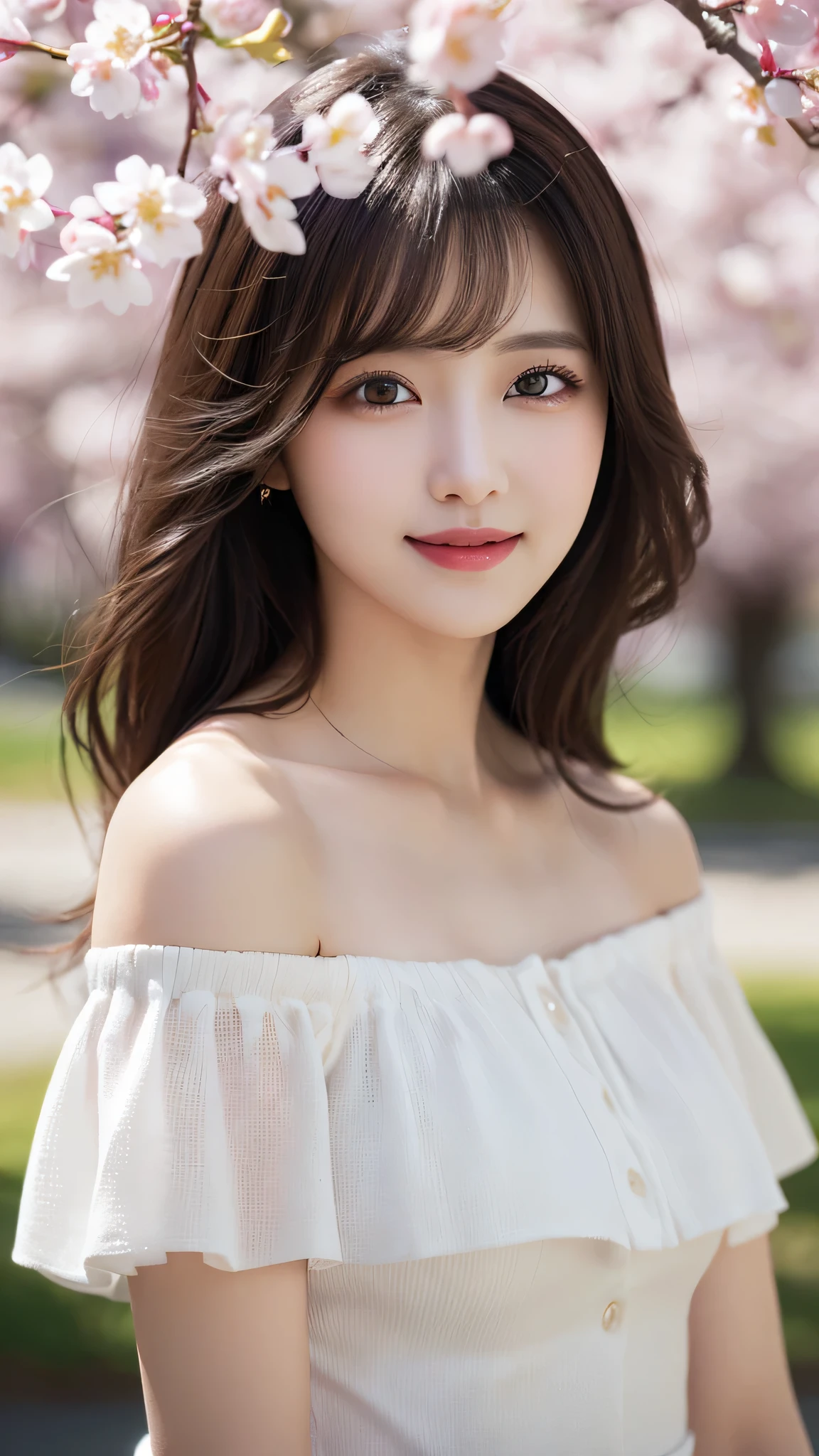 1girl, (Ultra realistic), (highly detailed eyes, highly detailed hair, highly detailed face, highly detailed plump lips), (off shoulder), breasts, caute smile, (best quality:1.4), Raw photo, (Ultra realistic), (photo-realistic:1.4), professional photography, cinematic light, depth of fields, cherry blossom trees, sunny skies,