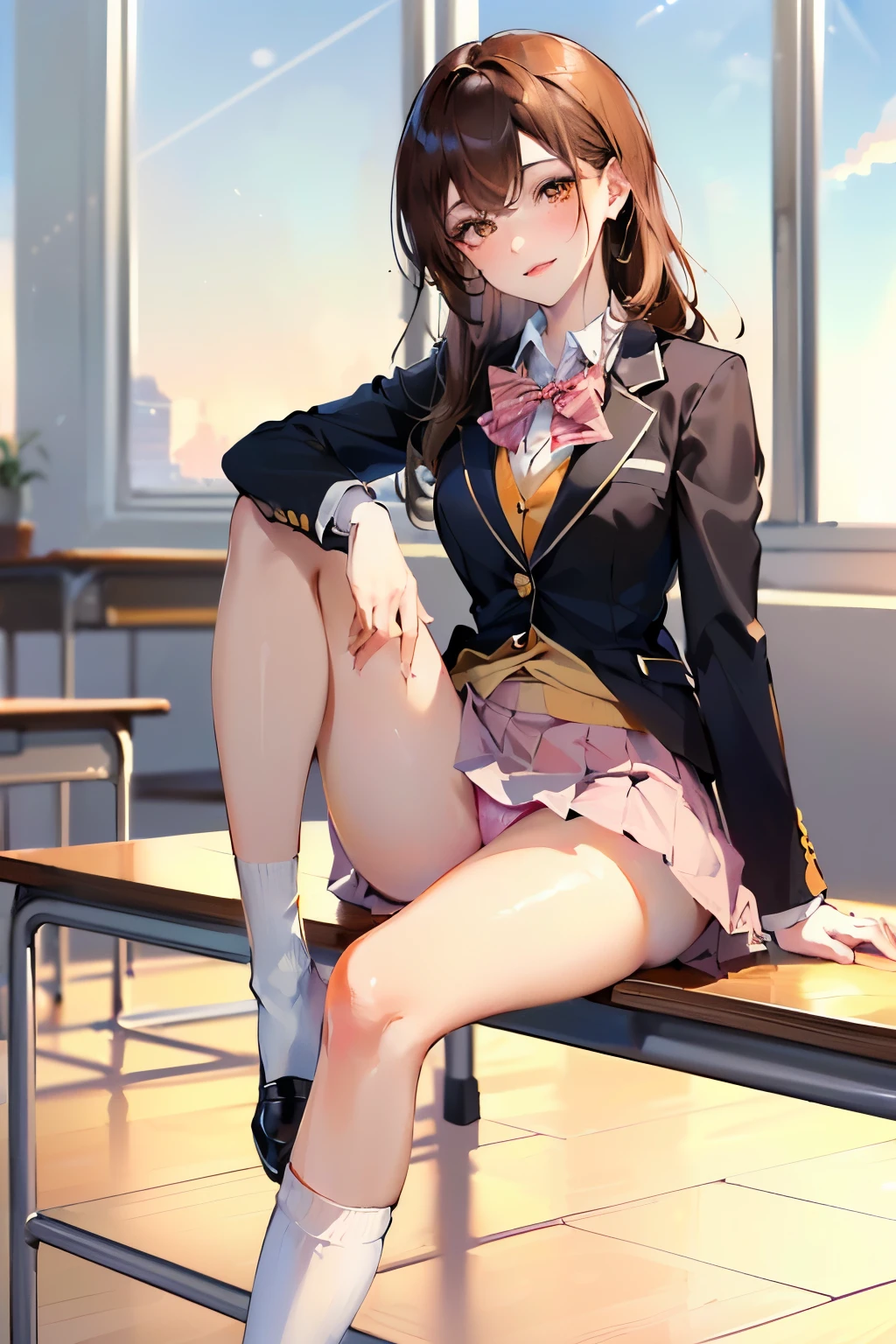 (((((1girl))))), (((best quality))), ((((masterpiece)))), ((ultra-detailed)), (illustration), (detailed light), (an extremely delicate and beautiful), (beautiful detailed eyes), (sunlight), ((extremely light)), 

((((school blazer and a pleated skirt)))),
school girl,

wavy medium hair, (((dark brown hair))), (((long hair))), 
(((deep orange eyes))), 

((whole body)), aged 14 to 17, 
diamond, beautiful, ((extra elegant)), (((condescending expression))), (sexually mischievous smile),  (((extra adorable))), (((extra slender shape))), 

(((sitting on the desk in the classroom with a leg up))),
(((exposed pale pink panties))),

(((extraordinarily thin thighs))), 
(((mat white ankle socks))),