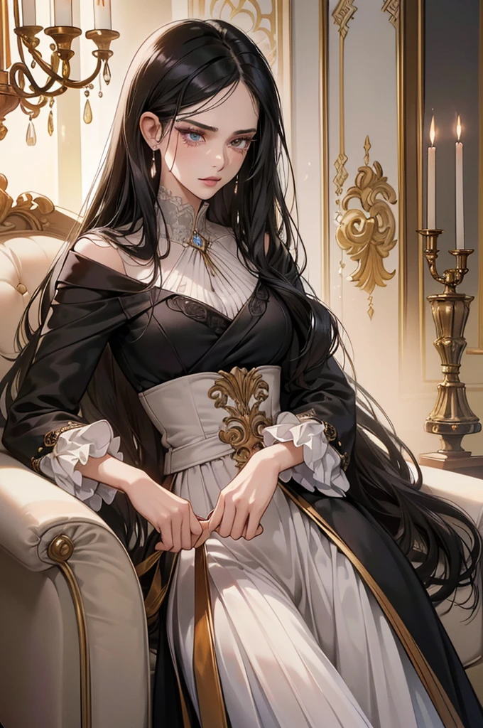 (masutepiece, Digital Art, Digital Illustration, 4K, 8K, Ultra-detailed, beautiful image, Sharp Image, Photorealistic, Raw photo, Perfect face, Perfect lines, Perfect eyes, Soft lighting) 1 woman, (Long Black Hair,straight haired,Bullish gaze,Beautie,ellegance,mannish,Onepiece,Solid makeup,23 y-o woman,:1.3),Two handsome men in suits, (ember,Men in suits,well-muscled,Firm shoulder width,Adult male,Boyish hairstyle,English gentlemanly style,Man in his 30s with a cool expression,28-year-old man with bright smile:1.2),Antique furnishings,Antique Clamps,Antique chair,chandeliers,Crystal Glass,Luxury,fantastical light,Marble fireplace,wine glasses ,champagne,(First failure,heart-broken,Crying face,vexation:1.2),Crying a lot