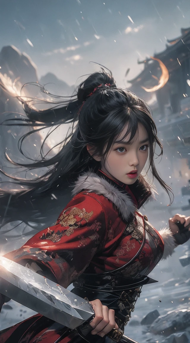 A woman holds a large knife,The knife is right in sight,Gorgeous fur collar thick Chinese dress,Angry expressions,Separate bangs,Raise an eyebrow,Ponytail hairstyle,flying stones,Surrounded by stones,fightingpose,dynamic blur,Detailed representation,8K, fighting a huge monster