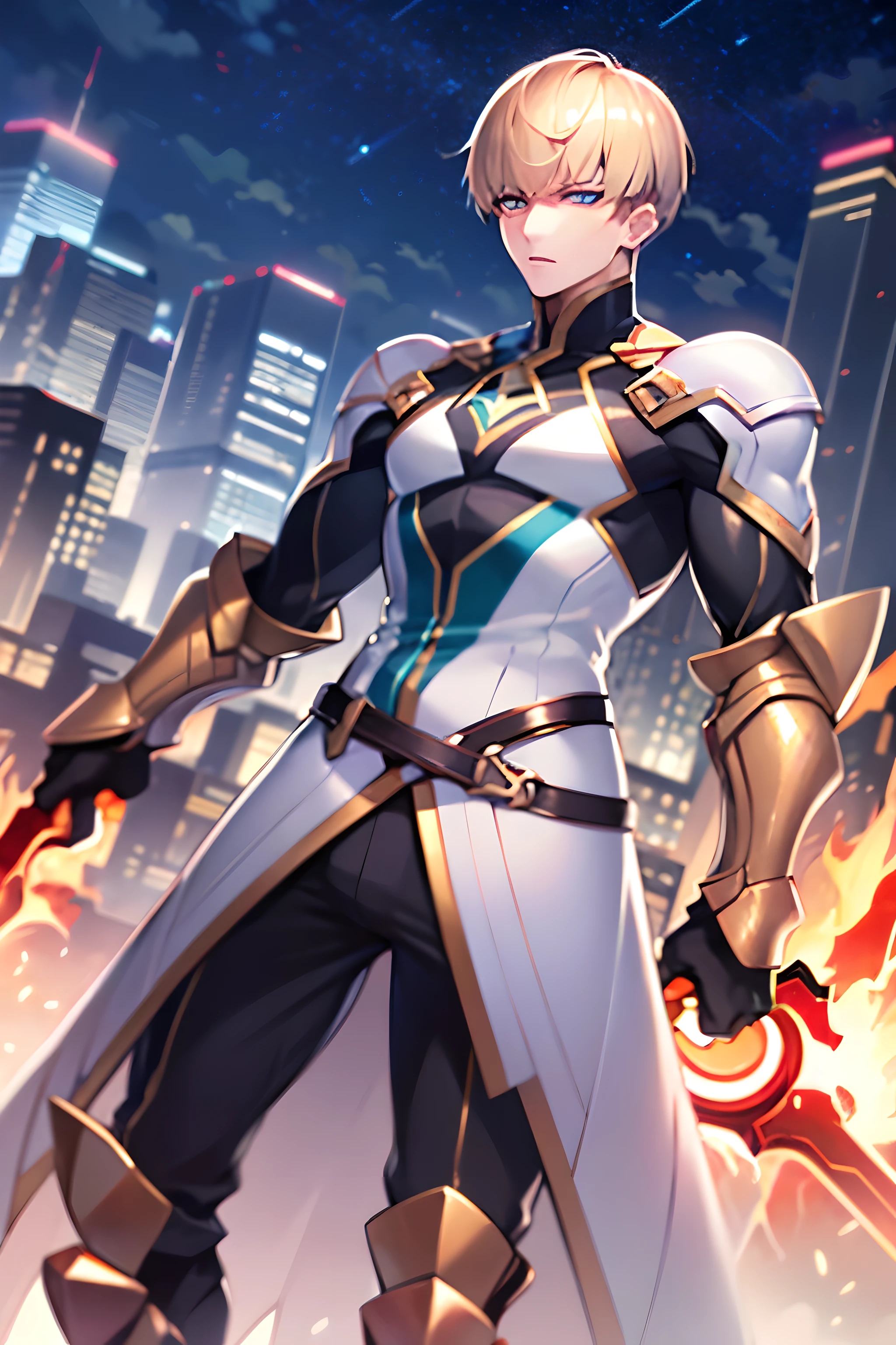 (masterpiece),((ultra-detailed)), (highly detailed CG illustration),(expressionless), (best quality:1.2), enzo, solo, looking at viewer, short hair, bangs, blunt bangs, blue eyes, blonde hair, gloves, 1boy, male focus, armor, shoulder armor, (blood), fire, blood on face, gloves, black gloves, belt, boots, armored boots, gauntlets, pants, black pants, coat, white coat, dual wielding,  outdoors, sky, star (sky), city background, night, realistic, Men's muscles, muscle, Convex crotch