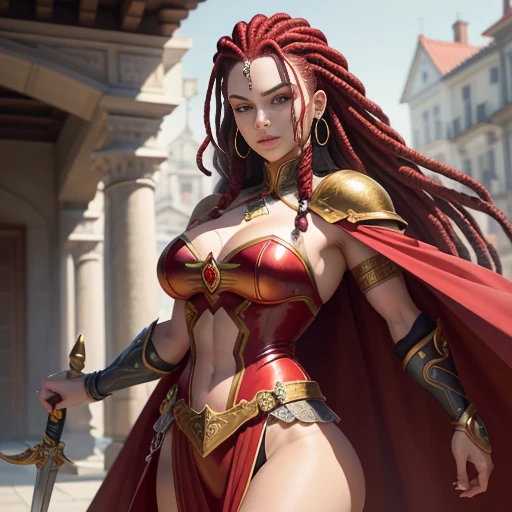 ((obra de arte)), ((tiro de vaqueiro)), ((character creation): 1.0), hiper-detalhado, hiperrealista, linda mulher, Her name is "vendeta". mulher ruiva, ((cabelo vermelho)), (cabelos longos com dreads, longos dreads, dreadlocks head), ((cabelo vermelho): 1.0), com expressivos olhos castanhos, delicado nariz arrebitado, softly outlined lips, well-defined eyebrows and cabelo vermelho falling in soft waves over her shoulders. Highlight radiant and friendly facial expression, providing a unique and captivating look. vendeta wears elegant and tough armor, consisting of interlocking golden plates with red accents, reflecting your bravery and passion. Seu capacete, adornado com penas vermelhas, emoldura seu rosto, highlighting your determination. She carries a sharp-edged sword, ornamentado com runas antigas, and a flowing red cape that adds a touch of majesty to his warrior bearing."