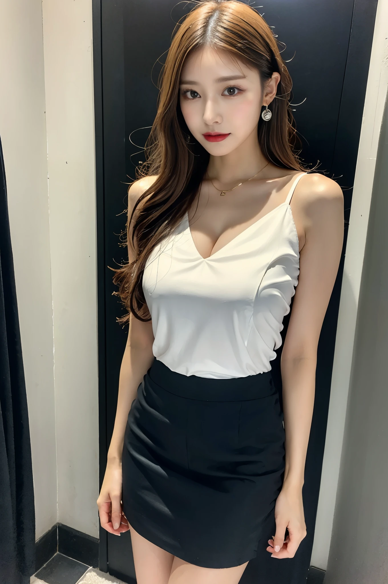 8K, highest quality, ultra high resolution, table top, realistic, realistic, high contrast, photon mapping, realistic, ultra detail, Low - Angle: 1.3, 1 girl, alone: 1.5, whole body, downtown, kpop star, K-POP idol, KPOP Costumes, sexy, (豪華なsexyな赤いランジェリー), flashy makeup, blazer: 1.2, short skirt: 1.2, blouse, Raw legs, high heels, 100 degree spread legs: 1.5, M-shaped legs, thighs open: 1.5, long brown hair, See-through wet white panties: 1.5, Panties visible from under the skirt: 1.3, expensive, Height is 170 cm, long legs: 1.2, small breasts, beautiful face: 1.2, Detailed female pubic shape is clearly visible: 1.3, pubic hair: 1.3, :1.3、rough skin