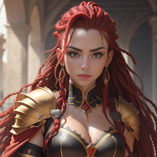((obra de arte)), ((tiro de vaqueiro)), ((character creation): 1.0), hiper-detalhado, hiperrealista, linda mulher, Her name is "vendeta". mulher ruiva, ((cabelo vermelho)), (cabelos longos com dreads, longos dreads, dreadlocks head), ((cabelo vermelho): 1.0), com expressivos olhos castanhos, delicado nariz arrebitado, softly outlined lips, well-defined eyebrows and cabelo vermelho falling in soft waves over her shoulders. Highlight radiant and friendly facial expression, providing a unique and captivating look. vendeta wears elegant and tough armor, consisting of interlocking golden plates with red accents, reflecting your bravery and passion. Seu capacete, adornado com penas vermelhas, emoldura seu rosto, highlighting your determination. She carries a sharp-edged sword, ornamentado com runas antigas, and a flowing red cape that adds a touch of majesty to his warrior bearing."