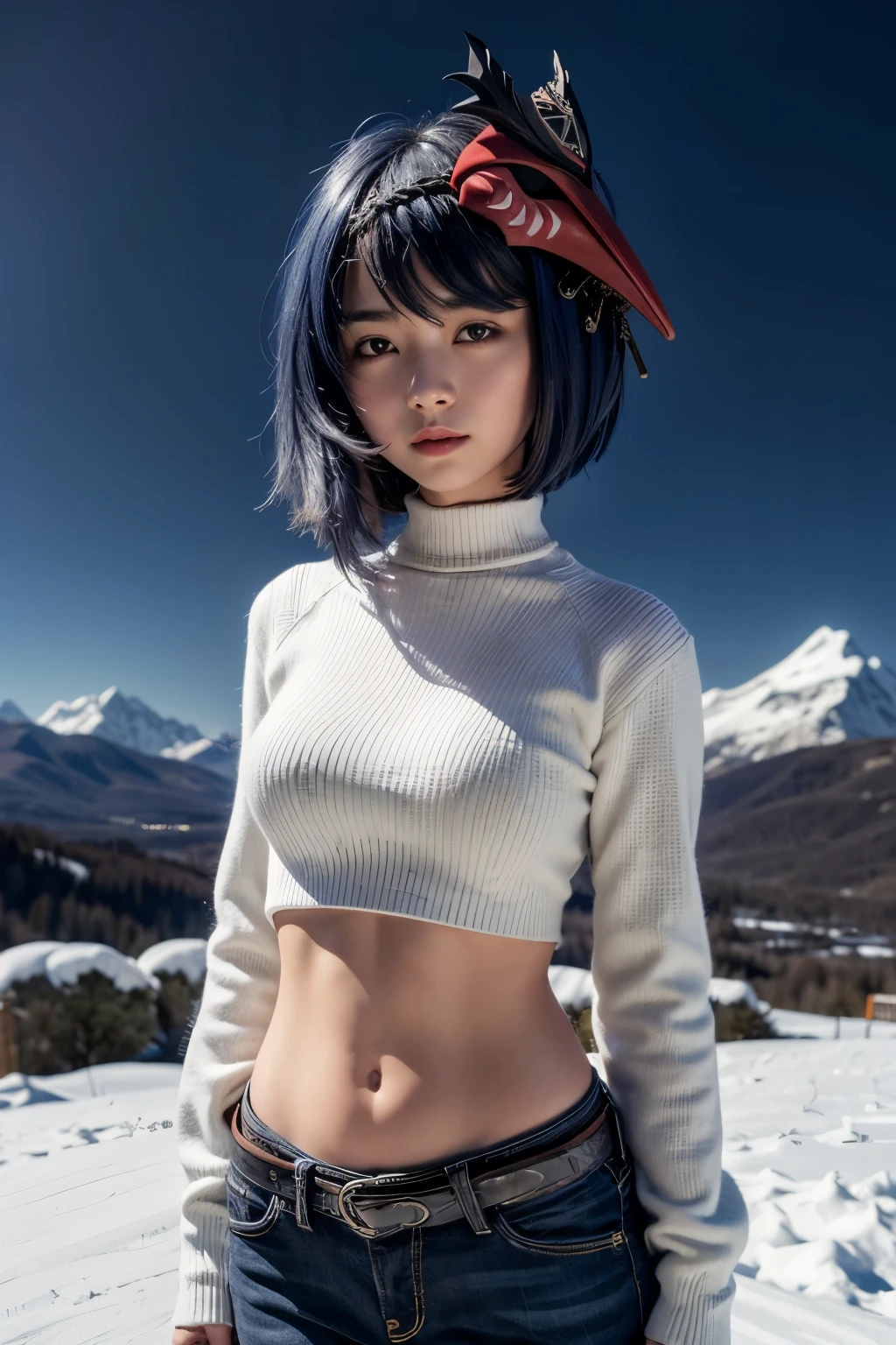 1girl, ((Black long sleeved sweater)), (long dark blue jeans, iron belt), ((bare midriff, navel)), high quality, snowy mountauns, night sky, standing, seductive smile, looking at viewer, mask on head, blue hair, short hair, yellow eyes