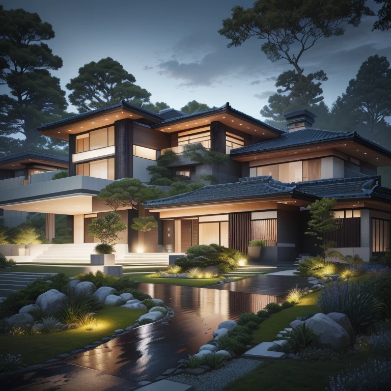 Modern house with a pathway leading to a driveway, beautiful rendering, large modern residence, dramatic rendering, architectural rendering, beautiful artist rendering, high quality rendering, inspired by Tōshi Yoshida, front view dramatic, architectural render, exquisite rendering, neotraditional modern, low angle dimetric rendering, detailed rendering, in style of ultra realistic, hq very detailed
