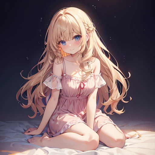 table top, highest quality, 1 female, beige hair:1.5、wavy long hair、bangs swept to the side、solo、Wearing a pink camisole dress、{{ワントーンのbackground、 background:1.8}}、Full body Esbian、swollen chest、Call girl with a bewitching smile、provocative、fascinating、