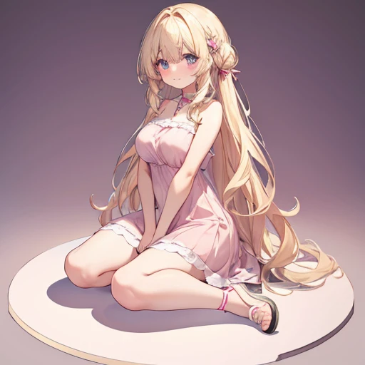 table top, highest quality, 1 female, beige hair:1.5、wavy long hair、bangs swept to the side、solo、Wearing a pink camisole dress、{{ワントーンのbackground、 background:1.8}}、Full body Esbian、swollen chest、Call girl with a bewitching smile、provocative、fascinating、