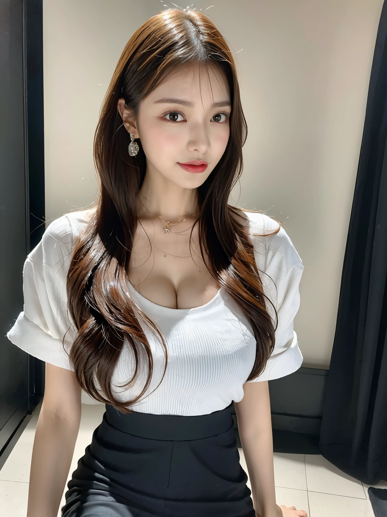 8K, highest quality, ultra high resolution, table top, realistic, realistic, high contrast, photon mapping, realistic, ultra detail, Low - Angle: 1.3, 1 girl, alone: 1.5, whole body, downtown, kpop star, K-POP idol, KPOP Costumes, sexy, (豪華なsexyな赤いランジェリー), flashy makeup, blazer: 1.2, short skirt: 1.2, blouse, Raw legs, high heels, 100 degree spread legs: 1.5, M-shaped legs, thighs open: 1.5, long brown hair, See-through wet white panties: 1.5, Panties visible from under the skirt: 1.3, expensive, Height is 170 cm, long legs: 1.2, small breasts, beautiful face: 1.2, Detailed female pubic shape is clearly visible: 1.3, pubic hair: 1.3, :1.3、rough skin