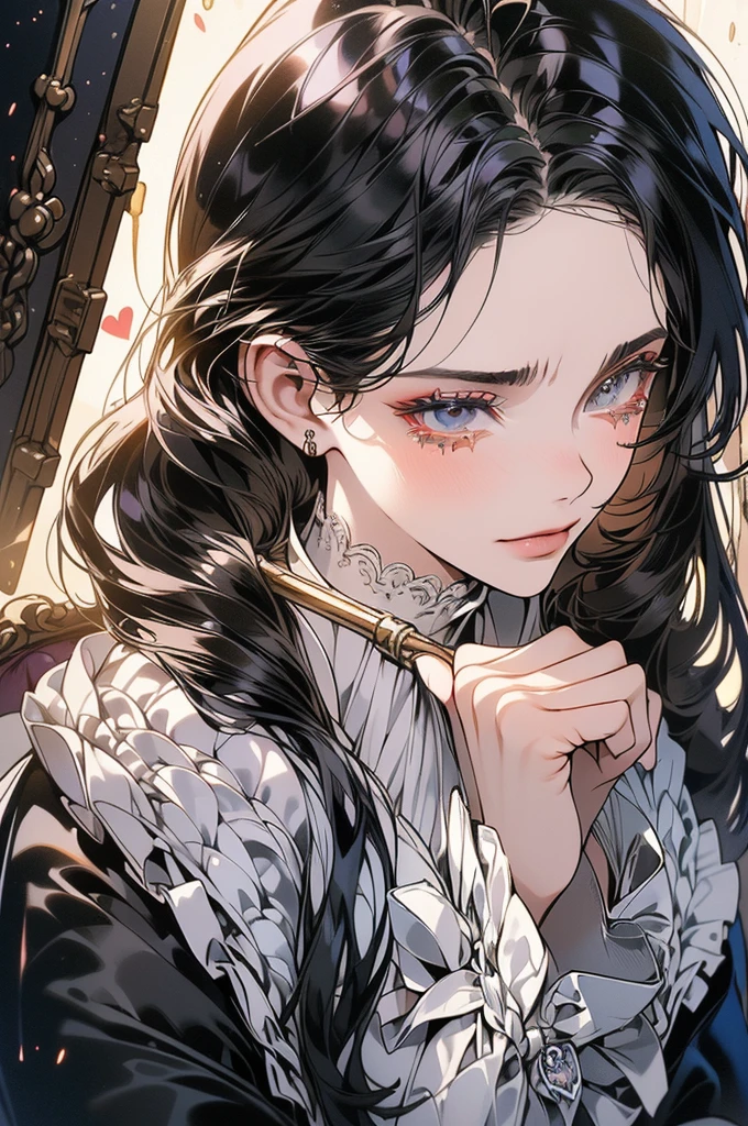 (masutepiece, Digital Art, Digital Illustration, 4K, 8K, Ultra-detailed, beautiful image, Sharp Image, Photorealistic, Raw photo, Perfect face, Perfect lines, Perfect eyes, Soft lighting) 1 woman, (Long Black Hair,straight haired,Bullish gaze,Beautie,ellegance,mannish,Onepiece,Solid makeup,23 y-o woman,:1.3),Two handsome men in suits, (ember,Men in suits,well-muscled,Firm shoulder width,Adult male,Boyish hairstyle,English gentlemanly style,Man in his 30s with a cool expression,28-year-old man with bright smile:1.2),Antique furnishings,Antique Clamps,Antique chair,chandeliers,Crystal Glass,Luxury,fantastical light,Marble fireplace,wine glasses ,champagne,(First failure,heart-broken,Crying face,vexation:1.2),Crying a lot