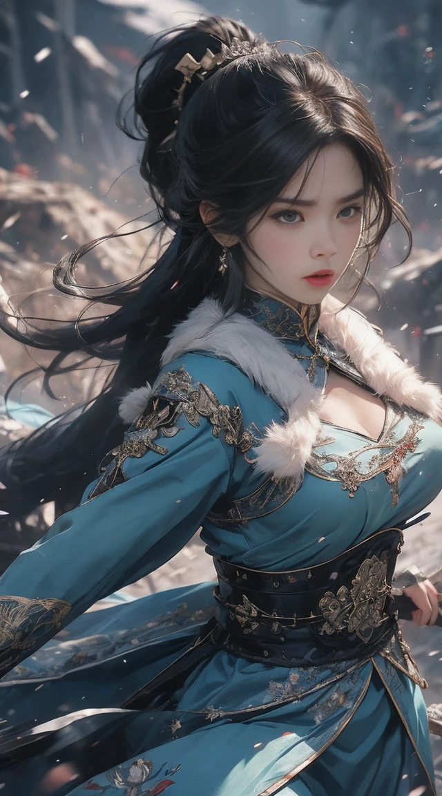 A woman holds a large sword,The sword is right in sight,Gorgeous fur collar thick Chinese dress,Angry expressions,Separate bangs,Raise an eyebrow,Ponytail hairstyle,flying stones,Surrounded by stones,fightingpose,dynamic blur,Detailed representation,8K, fighting a huge monster