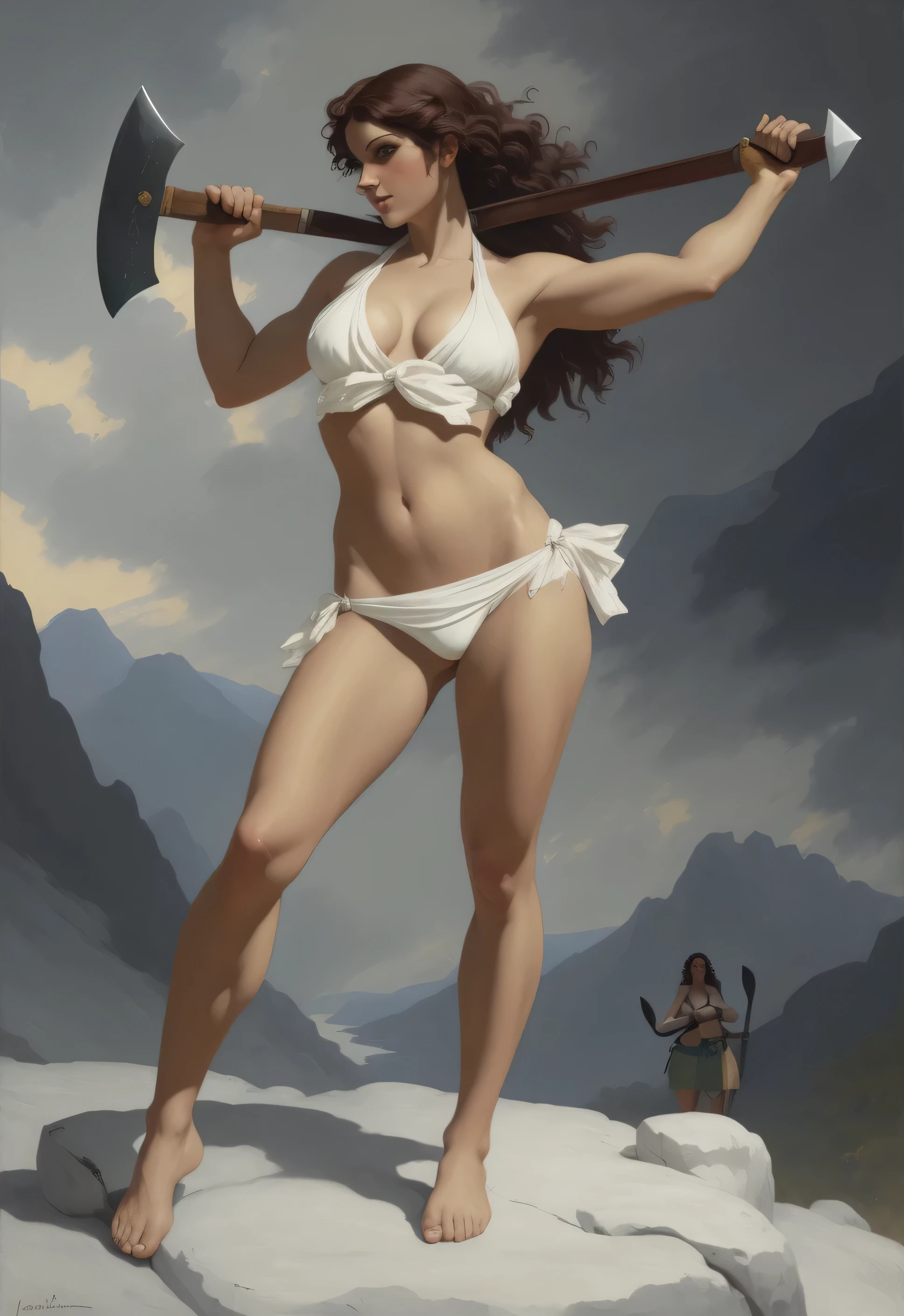 painting of a woman in a bikini holding an ax on a mountain, fijar. lord of daggers, inspirado por Jens Ferdinand Willumsen, pintura digital mito griego, inspired por Roberto Ferri, Una mujer Berserker muy hermosa, con hacha, Portrait of a Barbarian Woman, Pudica pose estilo bouguereau, por Roberto Ferri, inspirado por Francesco Hayez