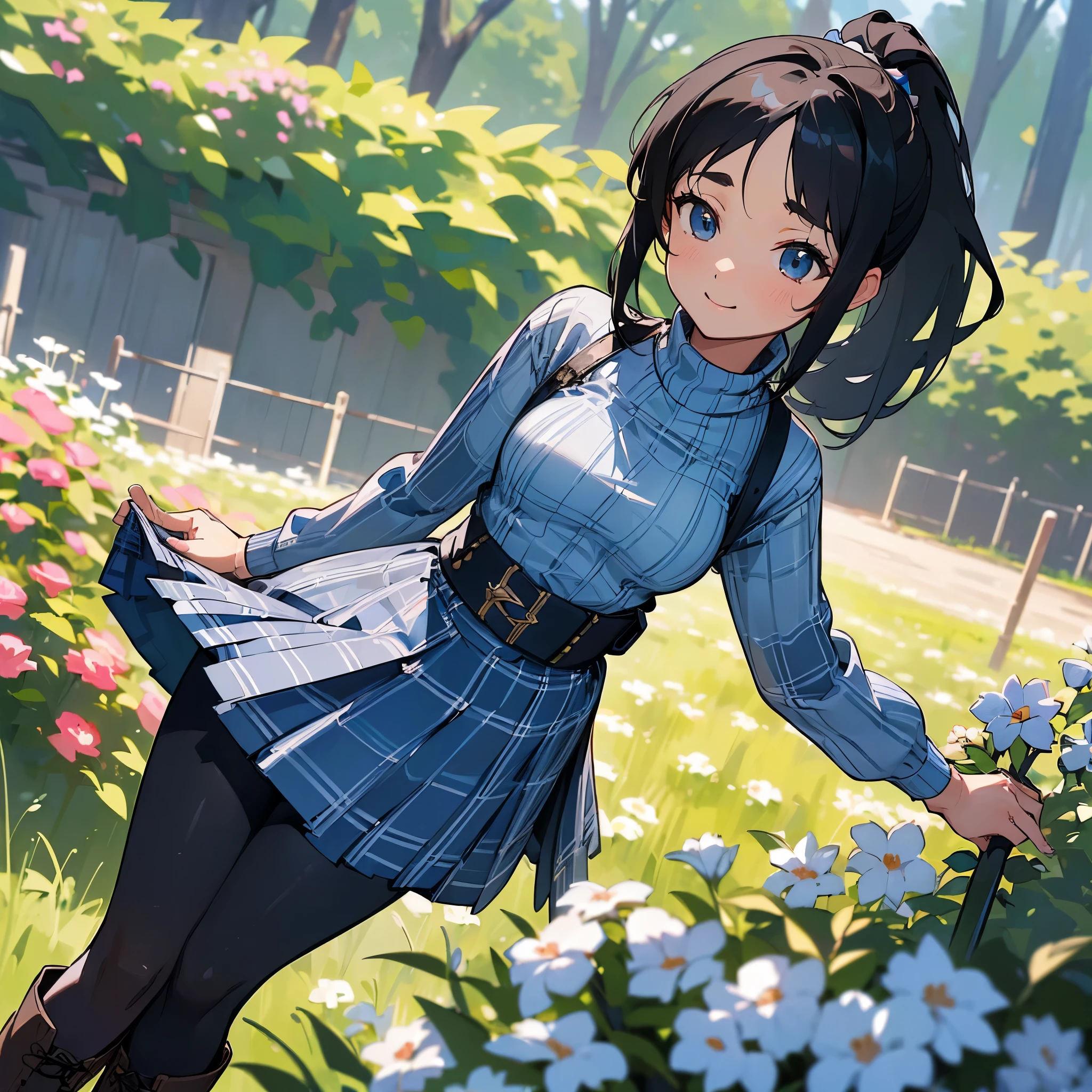 (high quality, high resolution, Super detailed, Reality:1.37), peaceful atmosphere, (outdoor, garden),  girl standing alone, (My breasts are big.), Beautiful detailed features, cute smile, (black hair ponytail), ribbed sweater, blue plaid skirt, Black tights, brown boots.