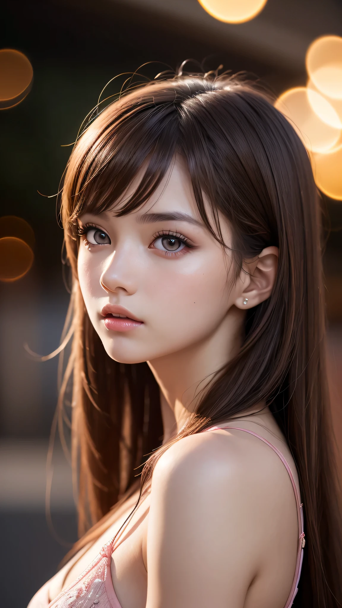 ((1girl)), Brown hair, Amazing face and eyes, Pink eyes, (amazingly beautiful girl), Brown hair, ((Best Quality)), (Ultra-detailed), (extremely detailed CG unified 8k wallpaper), Highly detailed, High-definition raw color photos, Professional Photography, (((Bokeh))), depth of fields,