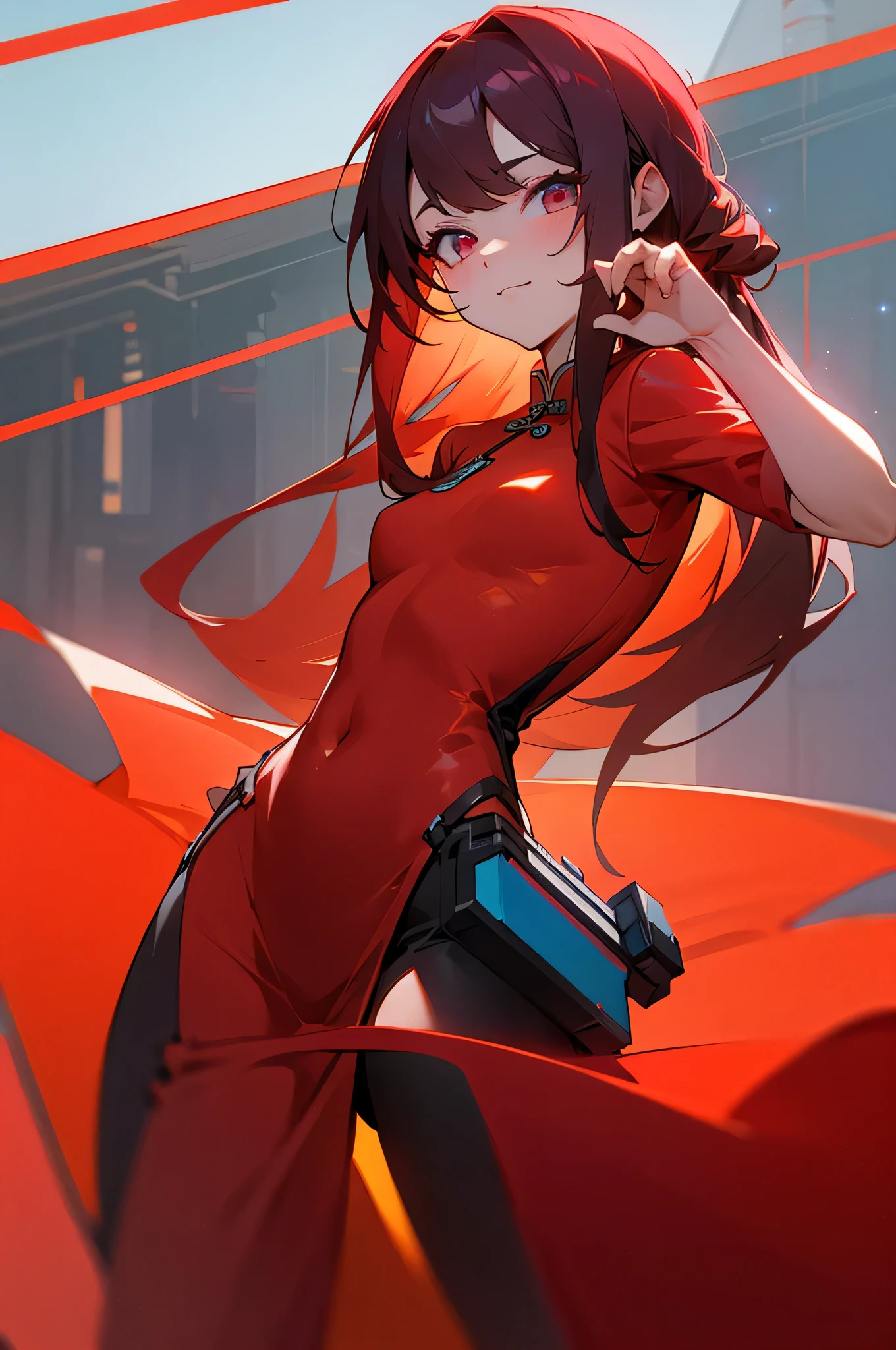 beautiful woman,long hair、Red color clothes、China dress、view of neon、neon laser、Parkour、cool pose、Medium chest、looking at the camera、cheeks are red、star