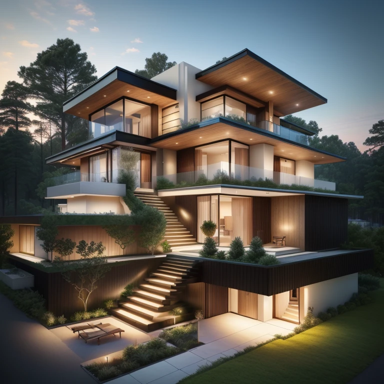 arafed rendering of a modern house with a staircase leading to a second floor, beautiful rendering, beautiful artist rendering, modern house in the wood, architectural render, precise architectural rendering, architectural rendering, high quality rendering, dramatic rendering, beautiful 3 d rendering, residential design, exquisite rendering, architecture render, architectural 3 d render, exterior design, architectural concepts