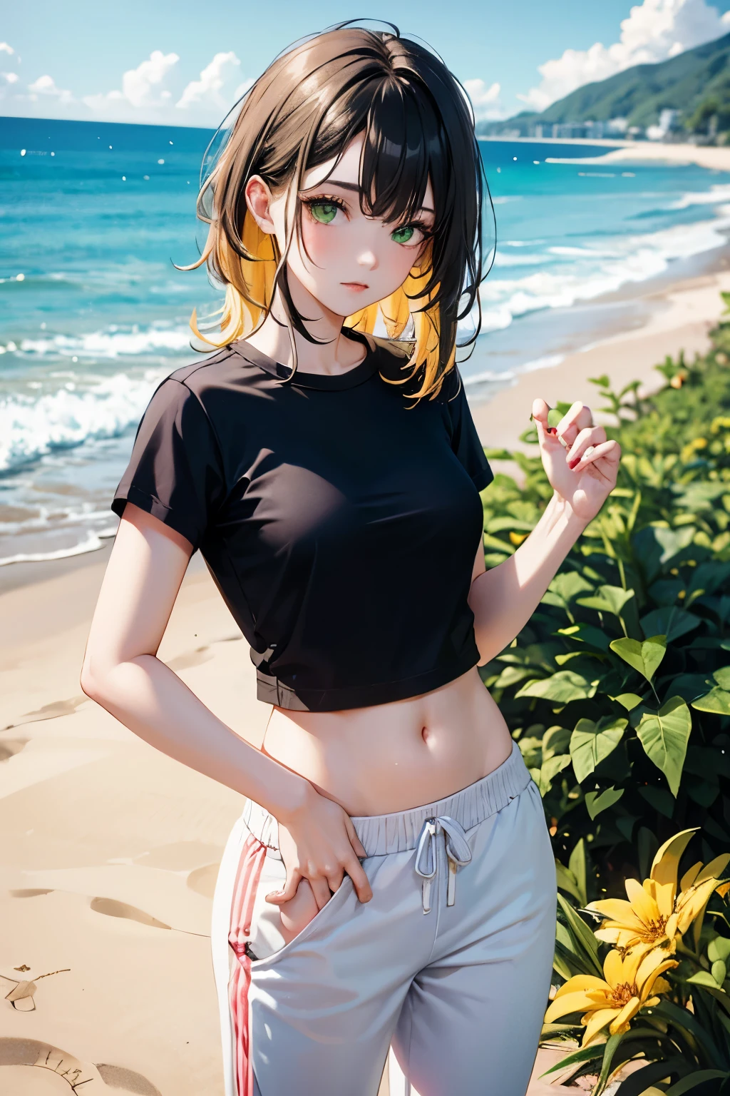 Yellow hair girl, messy hair, black hair highlights, green eyes, black cropped shirt, with for flower, white sweatpants, madure aesthetic body, in beach