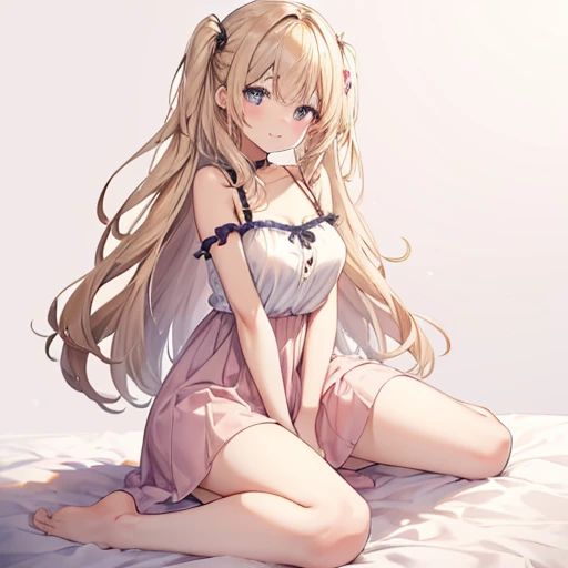 table top, highest quality, 1 female, 、cute 18yo girl、beige hair:1.5、wavy long hair、bangs swept to the side、solo、Wearing a pink camisole dress、{{one tone background、 background:1.8}}、Full body Esbian、swollen chest、Call girl with a bewitching smile、provocative、fascinating、Sexy、