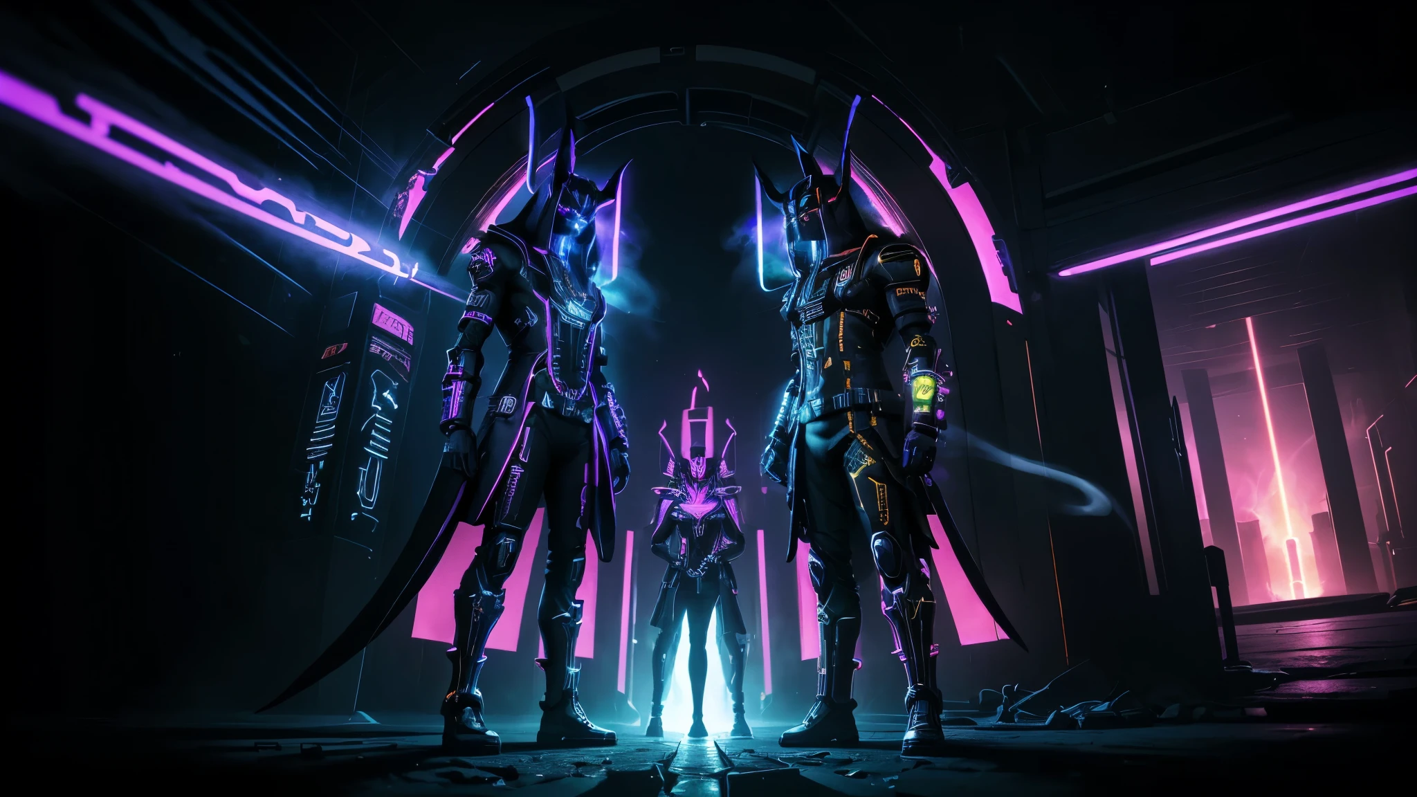 ((full body shot)),((cyberpunk, elegant Anubis collecting the souls of humans lined up to pass through the portal of light)), high detailed, lots of neon colors smoke, High resolution, Vibrant, High contrast, HDR, extremely detailed, ultra sharp, sharp focus, realism, high detail, hyper realistic, the photo realistic, (iridescent glow smoke), UHD, 32K, very bold neon colors, ((high saturation)) ink line, black light colors, neon smoke, smoke and lights