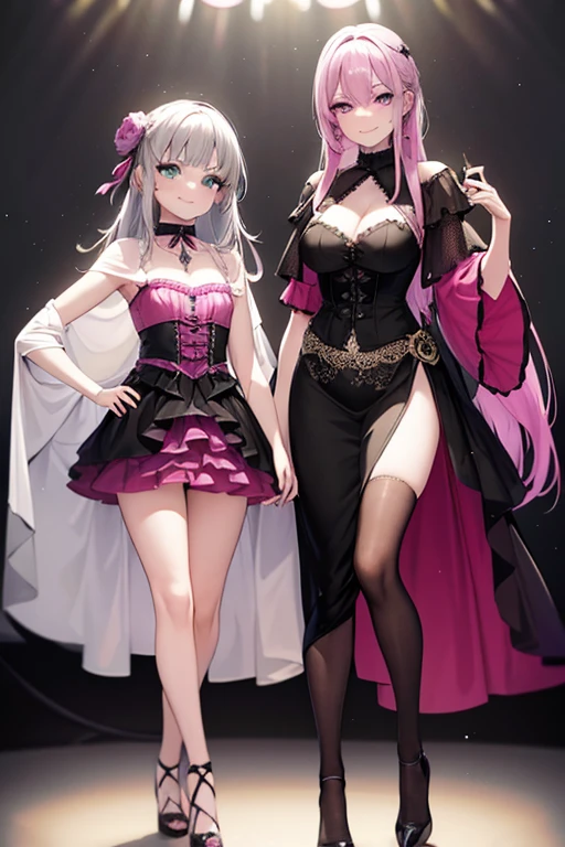 A  young silver haired female circus performer with green eyes is posing with a pink haired female performer with violet eyes in Gothic costumes in a Gothic in a circus ring.
