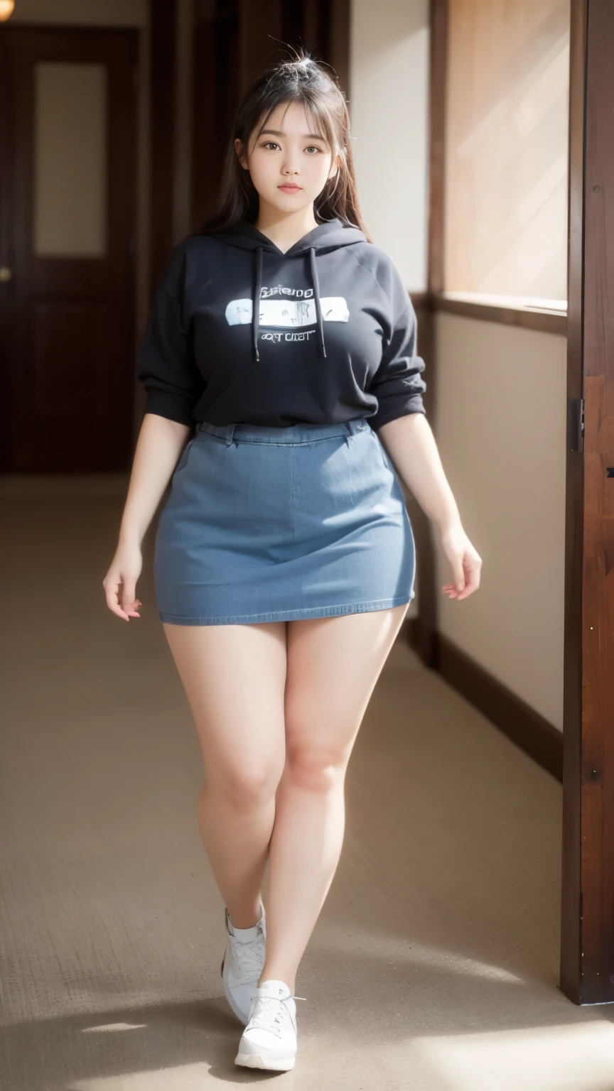 ((best quality)), ((masterpiece)), (detailed), perfect face, a woman in a dark-blue hoodie and long skirt random posing for a picture, bbwchan, thick body, thicc, she has a jiggly fat round belly, korean girl, curvy model, beautiful thick female, thick, heonhwa choe, widest hips, skinny waist and thick hips, alluring plus sized model, thick thighs, nene tanaka body, nene tanaka face. Bbwchan, full body view, wearing a red sneaker, small breast, woman in proportions body, big eye, big cheeks, chubby thighs, chubby belly