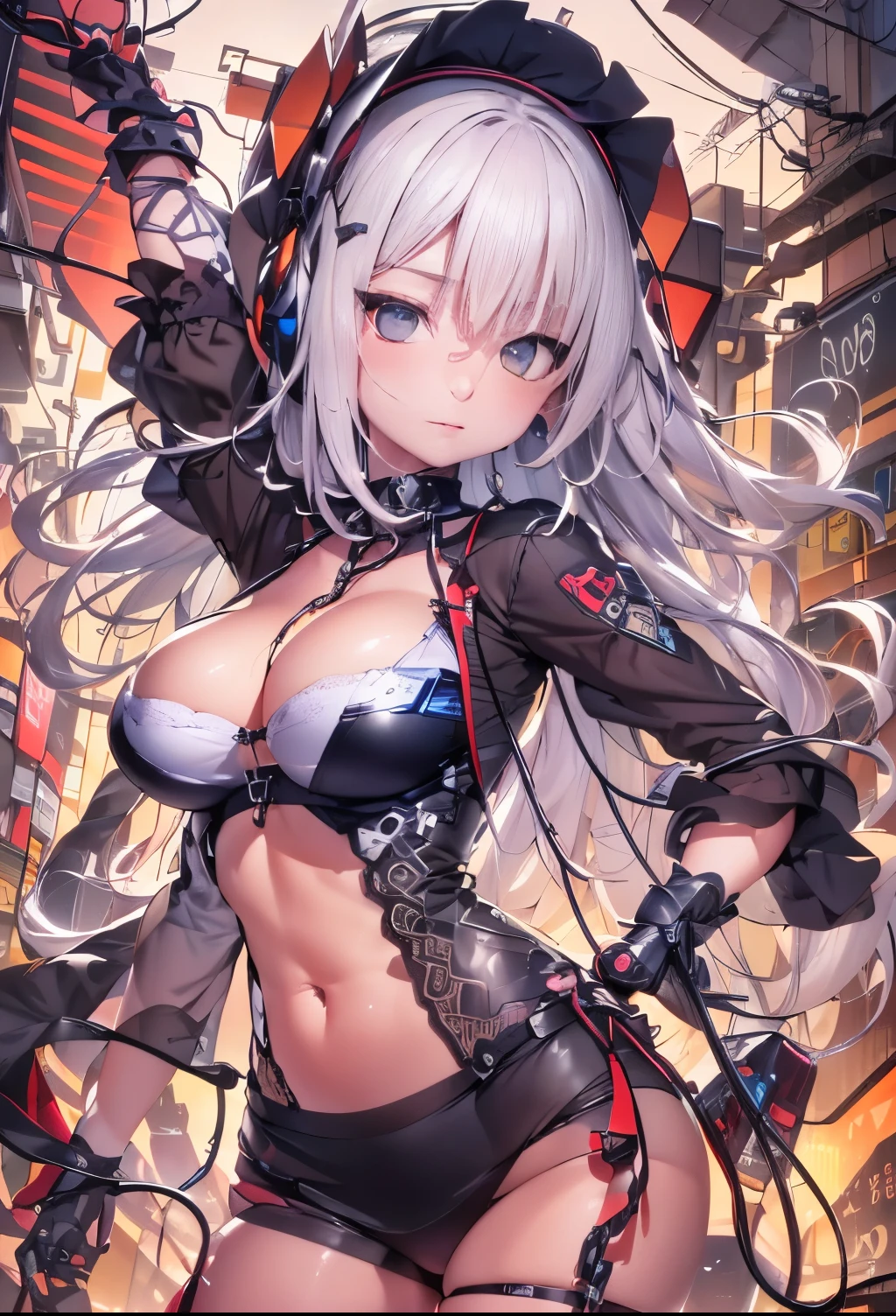 (((masterpiece))), (((best quality))), ((ultra-detailed)), (highly detailed CG illustration), ((an extremely delicate and beautiful)),cinematic light,((1mechanical girl)),solo,(cowboy shot:1.2),(machine made joints:1.2),((machanical limbs)),(blood vessels connected to tubes),(mechanical vertebra attaching to back),((mechanical cervial attaching to neck)),expressionless,(wires and cables attaching to neck:1.2),(wires and cables on head:1.2),(character focus),science fiction,extreme detailed,colorful,highest detailed, loongs,fengs,background,