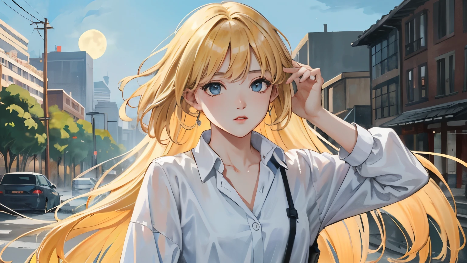 1 woman、blonde、city、skyscraper、moon、rain、Western style、masterpiece, 最high quality, high quality, very detailed CG unified 8k wallpaper, Beautiful landscape painting, award-winning photography, Bokeh, Depth of bounds written, HDR, color difference, realism, very detailed, Art Station Trend, CG Society Trends, Complex, high detail, Drama,color is uniform, tone is even, and the overall atmosphere is high end. Poster art is inspired by Alphonse Mucha, pixiv, nowi, animation、Mucha Style 4K, Alphonse Mucha style, demura and Alphonse Mucha style, Flat Shading Mucha.