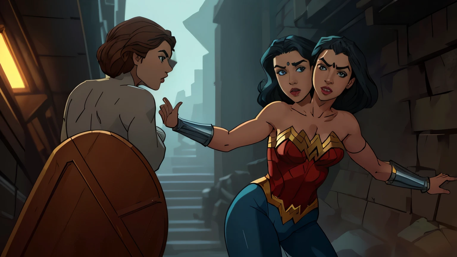 (((2heads))),1man, ((dressed like wonder woman)),a man in the style of nocturne, black skin, pale skin, Dominican,  facial hair, speedo, body hair, , ((big bulge)), thick lips,  dreamy atmosphere, dark cyan and red, i can't believe how beautiful this is, serene atmosphere, piles/stacks, flickering light, epic realistic, in a dimly lit dungeon, shackles on ankles and arms, illustrated by herg, style of tin tin comics, pen and ink,art by greg rutkowski and artgerm, soft cinematic light,hdr, intricate, highly detailed, (depth of field:1.4), faded, (neutral colors:1.2), (hdr:1.4), (muted colors:1.2), hyperdetailed, (artstation:1.4), cinematic, warm lights, dramatic light, (intricate details:1.1), complex background, (rutkowski:0.66), (teal and orange:0.4), (intricate details:1.12), hdr, (intricate details, hyperdetailed:1.15) (wet skin texture:1.2), (old)