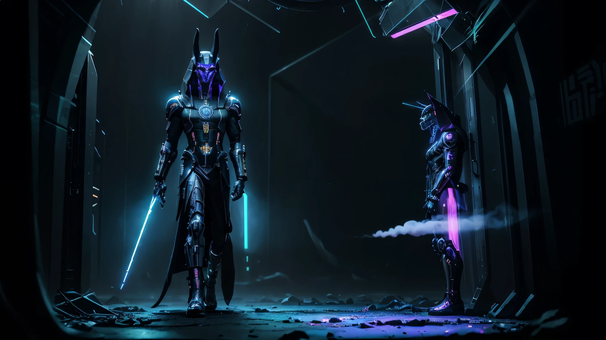 ((full body shot)),((cyberpunk, elegant Anubis collecting the souls of humans lined up to pass through the portal of light)), high detailed, lots of neon colors smoke, High resolution, Vibrant, High contrast, HDR, extremely detailed, ultra sharp, sharp focus, realism, high detail, hyper realistic, the photo realistic, (iridescent glow smoke), UHD, 32K, very bold neon colors, ((high saturation)) ink line, black light colors, neon smoke, smoke and lights