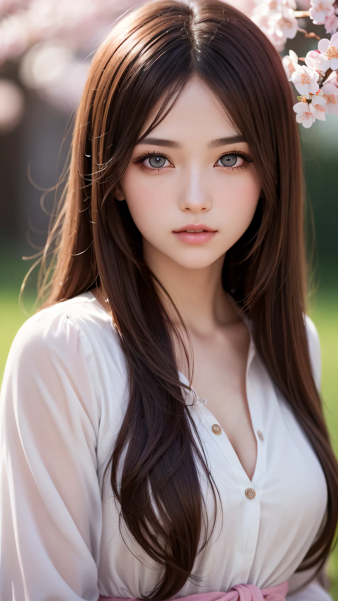 ((1girl)), Brown hair, Amazing face and eyes, Pink eyes, (amazingly beautiful girl), Brown hair, ((Best Quality)), (Ultra-detailed), (extremely detailed CG unified 8k wallpaper), Highly detailed, High-definition raw color photos, Professional Photography, cherry blossom, (((Bokeh))), depth of fields,