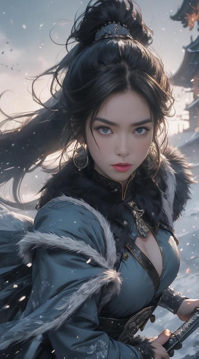 A woman holds a large sword,The sword is right in sight,Gorgeous fur collar thick Chinese dress with armor,Angry expressions,Separate bangs,Raise an eyebrow,Ponytail hairstyle,flying stones,Surrounded by stones,fightingpose,dynamic blur,Detailed representation,8K, fighting a huge monster