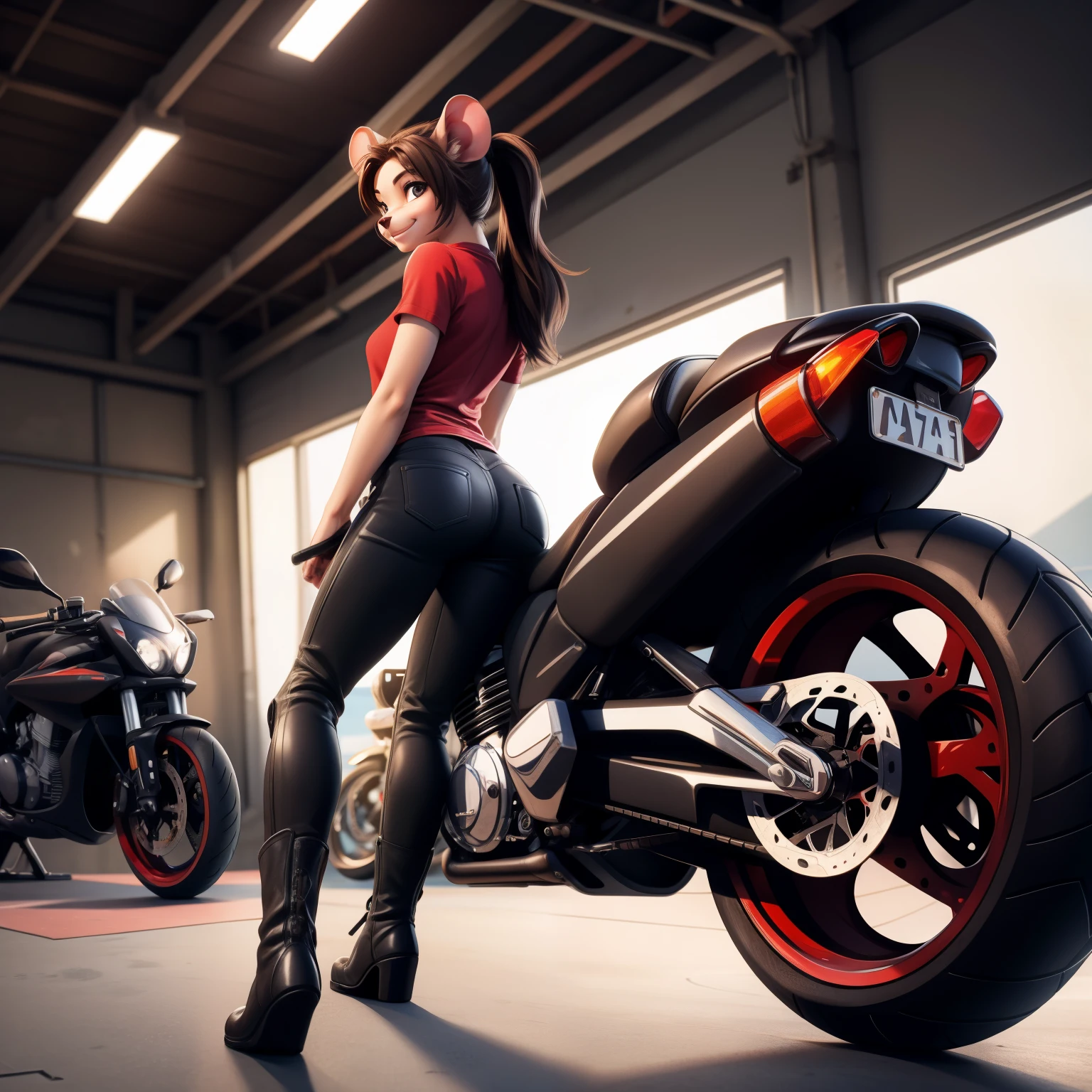 gray mouse girl, furry anthro, sexy no sleeves red shirt and black jeans, long brown hair tied in a ponytail, solo, low angle view, (body fur:1.3), mouse thin tail, gray fur, (best quality:1.1), pose, looking at viewer, (motorbike workshop background:1.2), partially clothed, soft lighting, (detailed fluffy fur), smile, black boots, 8k, UHD.