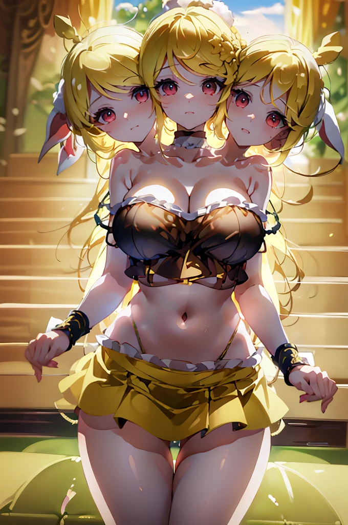 (masterpiece, best quality), best quality, (ultra-detailed), (3heads:1.5), 1girl, (ringo:1.3), masterpiece, best quality, orange top, crop top, ((stomach)), midriff, ((groin)), yellow skirt, normal ears, shackles, blonde hair, very long hair, wavy hair, sidelocks, red eyes, parted lips, single horn, sweat, cute, toned belly, hand on own chest, eyelashes, (24 year old woman:1.3), (masterpiece:1.5), (best quality:1.5), (beautiful detailed, extremely detailed CG, extremely delicate and beautiful, depth of field, (finely detailed face), (perfect details:1.2), ( female:1.3), wide pelvis, slender, large veiny breastesolution, high quality, high definition, extremely detailed, masterpiece, blonde hair, long hair, alluring presence, braid, short skirt, close up, big tits, yort hair, rabbit ears, bunny ears, brown patterned newsboy cap,
