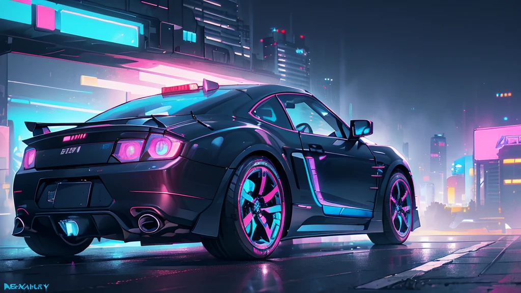 (black sports car), (blue cyberpunk city, blue neon, the background is a cyberpunk-style night view of the city, cyberpunk vibe), (8k, extremaly detailed, lighting like a movie, lense flares)