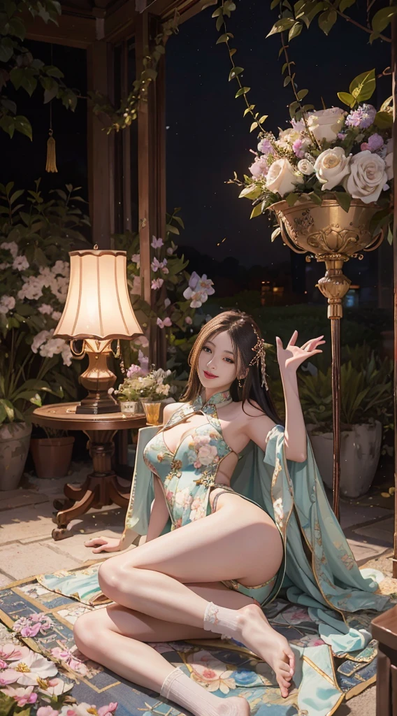 (from outside) , many colors,best quality,8K,real photos,delicate skin details,master piece,realistic,intricate details,RAW photography,in the garden,smile,Floral,Gorgeous cheongsam,socks,super long hair,cropped shoulders,delicate face,expose cleavage,decoration,perfect fingers,Dissection is correct,(large room,0.8),big cubby hips,shiny skin