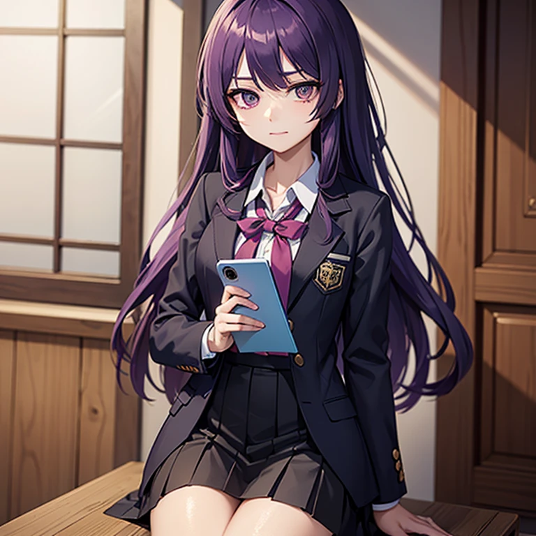 A girl, holding a book in her left hand, purple hair, purple color eye, long hair, wearing korean style school uniform, not smiling, playing a phone on her right hand