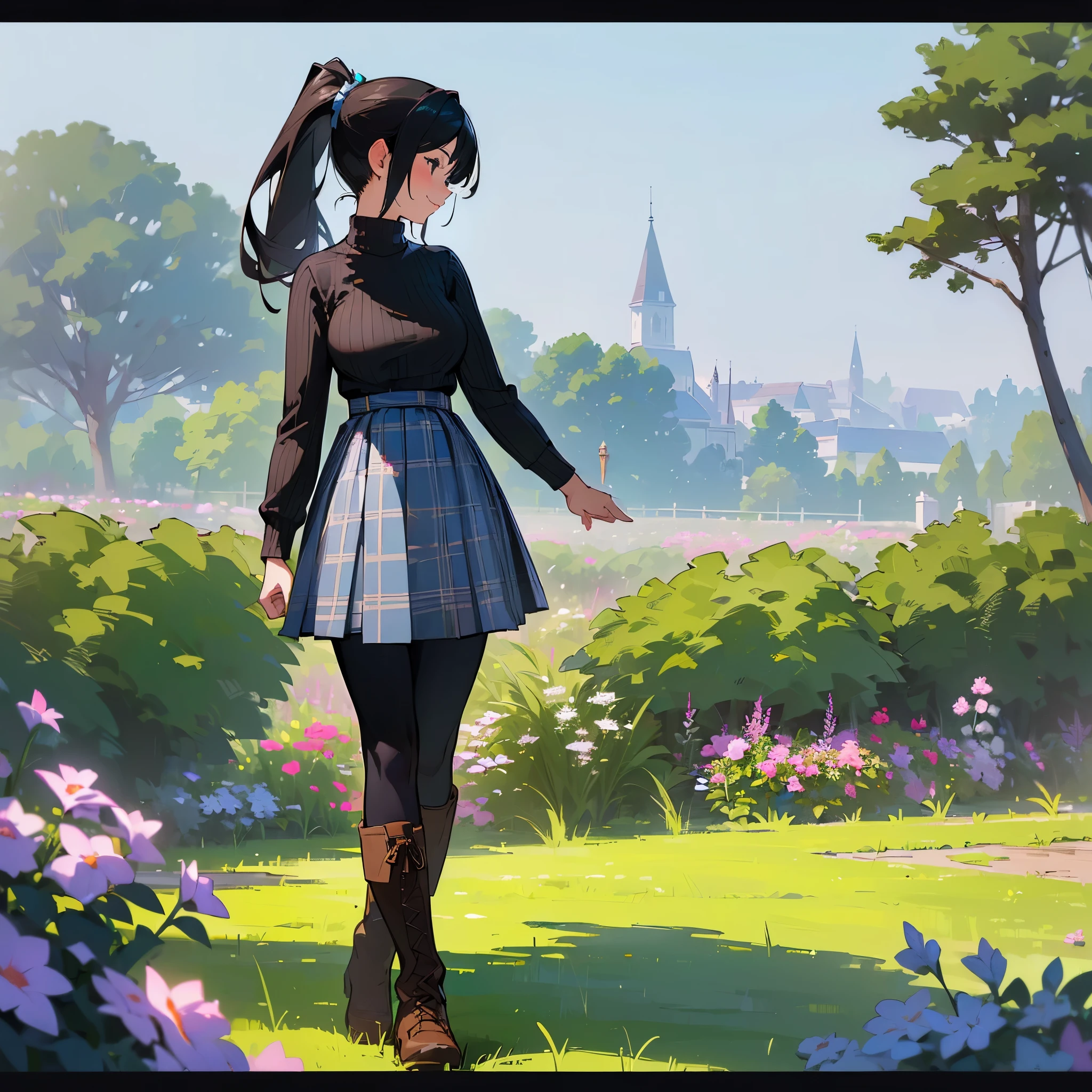 (high quality, high resolution, Super detailed, Reality:1.37), peaceful atmosphere, (outdoor, garden), Teenage girl standing alone, (My breasts are big.), Beautiful detailed features, cute smile, (black hair ponytail), ribbed sweater, blue plaid skirt, Black tights, brown boots.