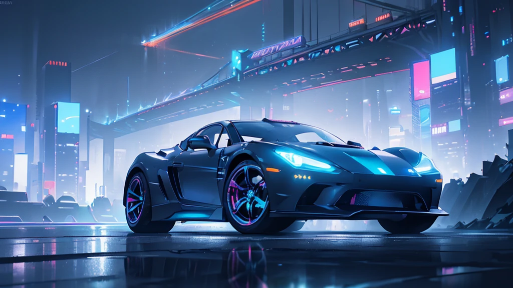 (black sports car, blue headlights, light trail), (blue cyberpunk city, blue neon, the background is a cyberpunk-style night view of the city, cyberpunk vibe), (8k, extremaly detailed, lighting like a movie, lense flares)