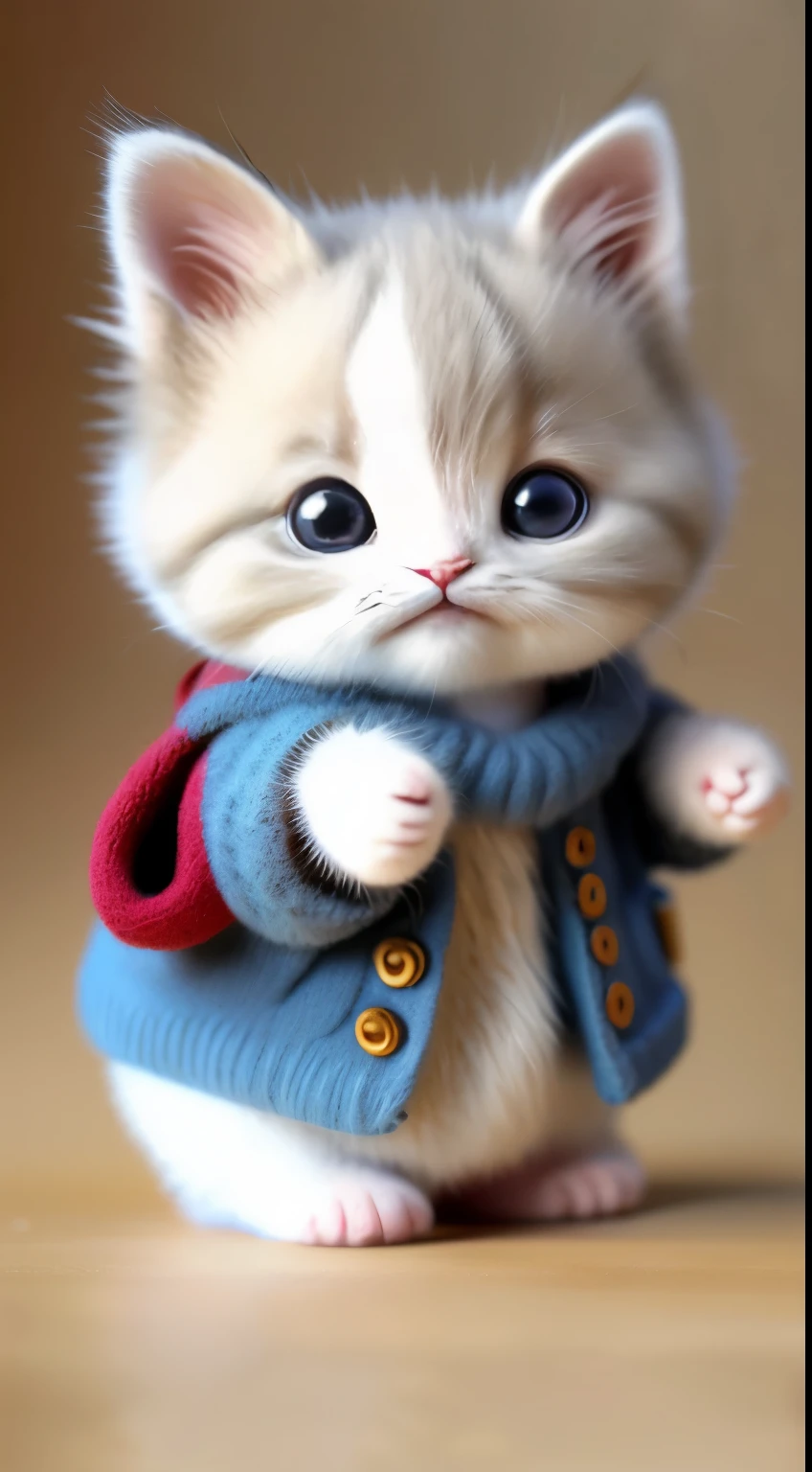 kitten in clothes, miniature kitten, Animal focus, bearded, Realistic, Gonzo hand, ambiguous background,smile,interesting、