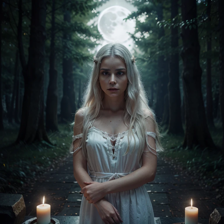 The Virgin sacrifice, oil painting, beautiful detailed girl with long white hair and blue eyes, delicate features, frightened expression, flowing white dress, surrounded by dark forest, moonlight shining through the trees, eerie atmosphere, mystical ritual, ancient runes carved on stone altar, soft glow from ceremonial candles, dramatic lighting, hauntingly beautiful, dark color palette