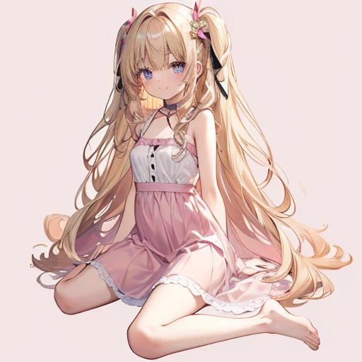 Chibi , full body , big hazel eyes , long wavy hair without bangs , blondie , white summer dress with straps , pretty sandals , blush face , sitting on the floor with a white with tan marks shihtzu dog, smiling face , cute freckles