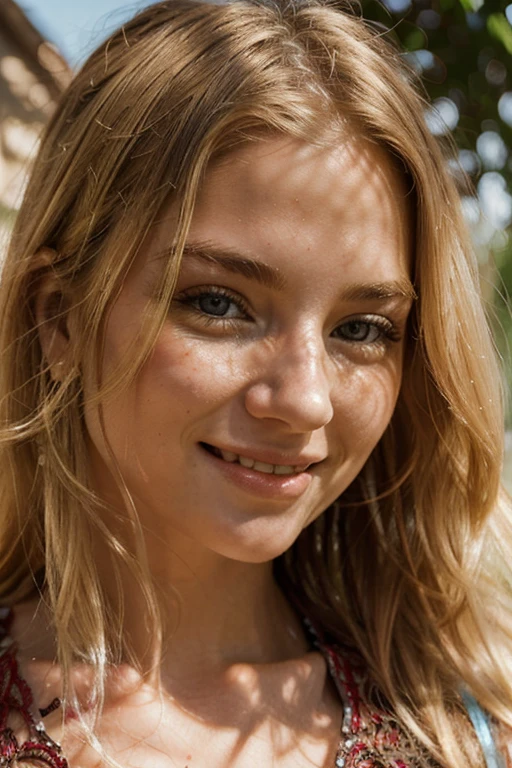 woman's face, long blonde hair, smiling, sun is red, (smooth, sharp focus, intricate details, close-up, masterpiece: 1.2)