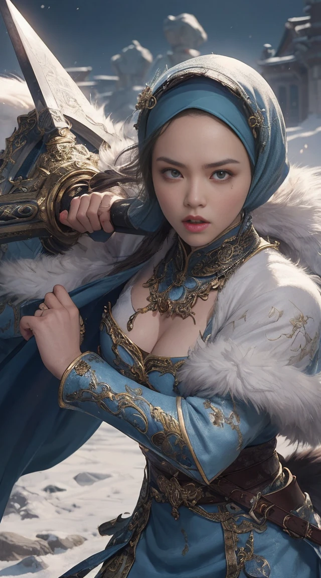 A woman holds a large sword,The sword is right in sight,Gorgeous fur collar thick Chinese dress with armor,Angry expressions,Raise an eyebrow,wearing hijab,flying stones,Surrounded by stones,fightingpose,dynamic blur,Detailed representation,8K, fighting a huge monster