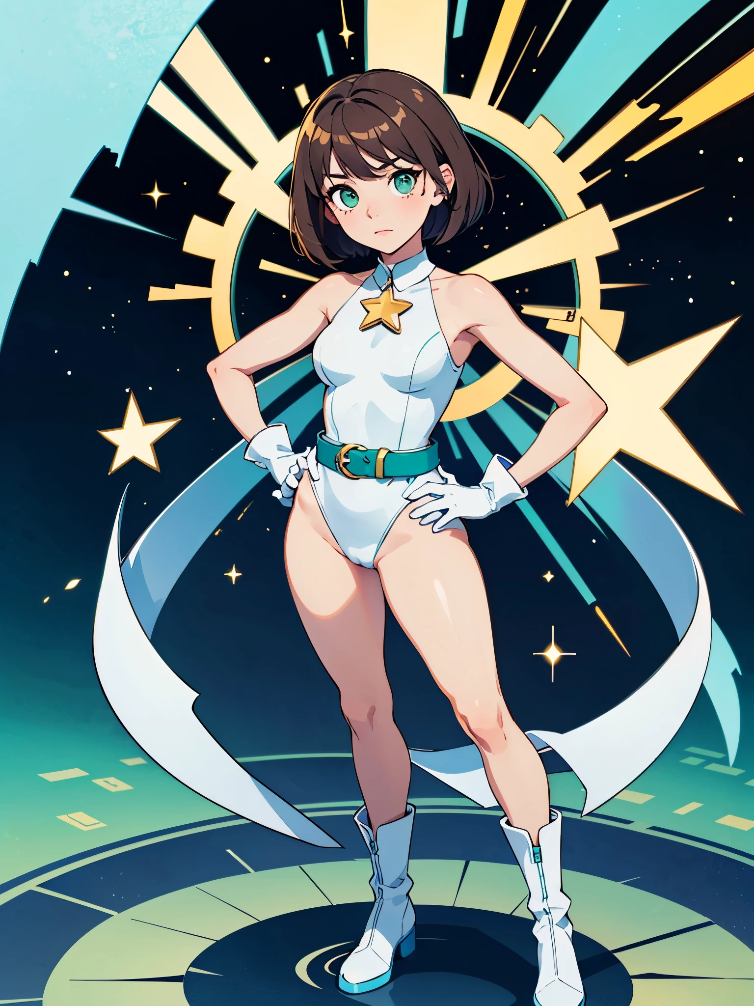 (((pixel-perfect, detail-perfect))), 1girl, superhero, leotard, highleg leotard, ((white and blue leotard)), bare legs, boots, gloves, ((white gloves)), standing, solo focus, (golden belt), hands on hip, full body shot, outer space, sleeveless, ultra highres, absurdres, beautiful face, detailed eyes, symmetric eyes, perfect body, good proportions, mature lady, brown hair, bob hair, (blue light, light swirls around her body), ((gold star on chest)), ((green eyes))
