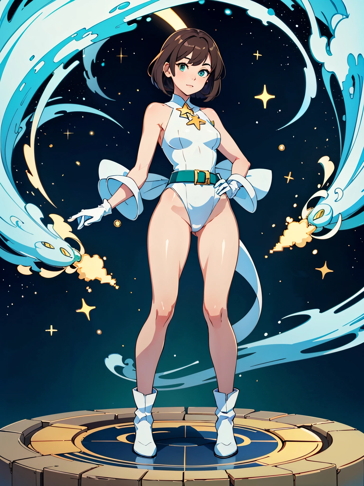 (((pixel-perfect, detail-perfect))), 1girl, superhero, leotard, highleg leotard, ((white and blue leotard)), bare legs, boots, gloves, ((white gloves)), standing, solo focus, (golden belt), hands on hip, full body shot, outer space, sleeveless, ultra highres, absurdres, beautiful face, detailed eyes, symmetric eyes, perfect body, good proportions, mature lady, brown hair, bob hair, (blue light, light swirls around her body), ((gold star on chest)), ((green eyes))