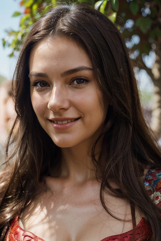 woman's face, long brunette hair, smiling, sun is red, (digital painting, concept art, smooth, sharp focus, intricate details, close-up, masterpiece: 1.2)