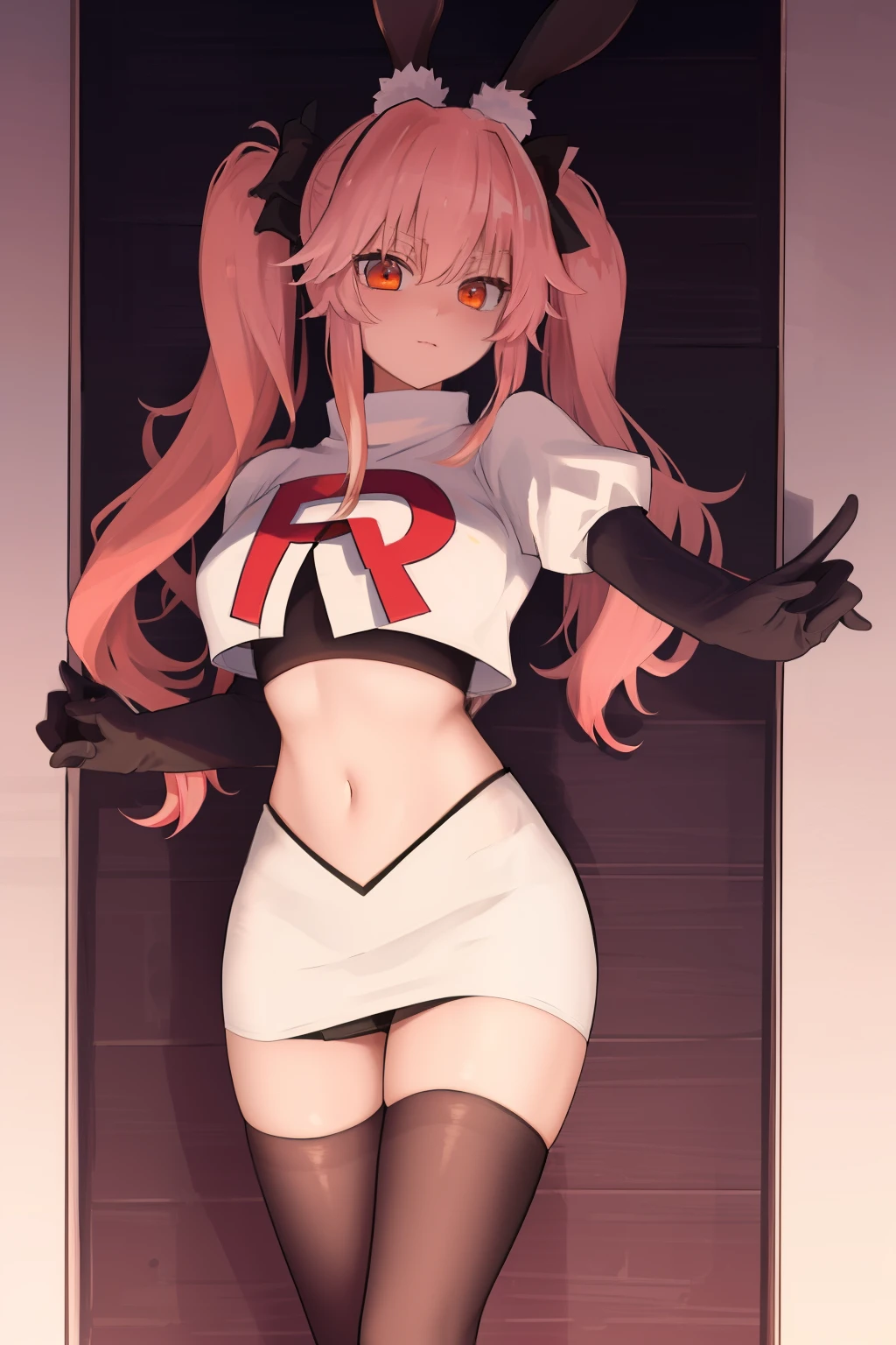 masterpiece, best quality, CG, wallpaper, HDR, high quality, high-definition, extremely detailed, koyanskaya, rabbit ears, team rocket,team rocket uniform, red letter R, white skirt,white crop top,black thigh-highs,black elbow gloves