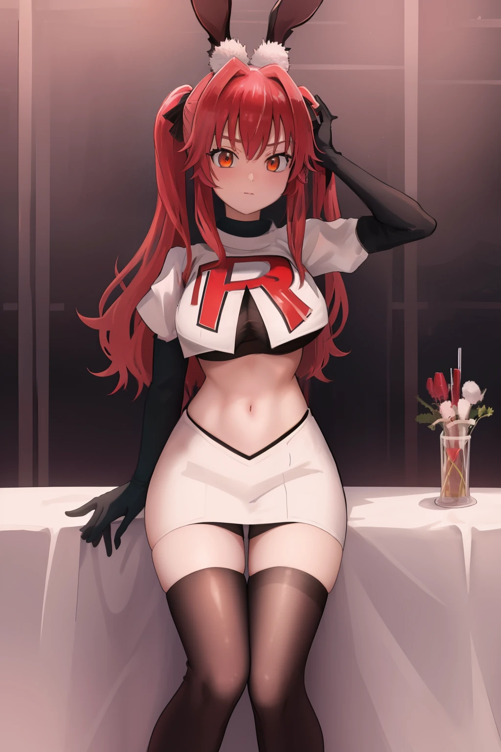 masterpiece, best quality, CG, wallpaper, HDR, high quality, high-definition, extremely detailed, koyanskaya, rabbit ears, team rocket,team rocket uniform, red letter R, white skirt,white crop top,black thigh-highs,black elbow gloves