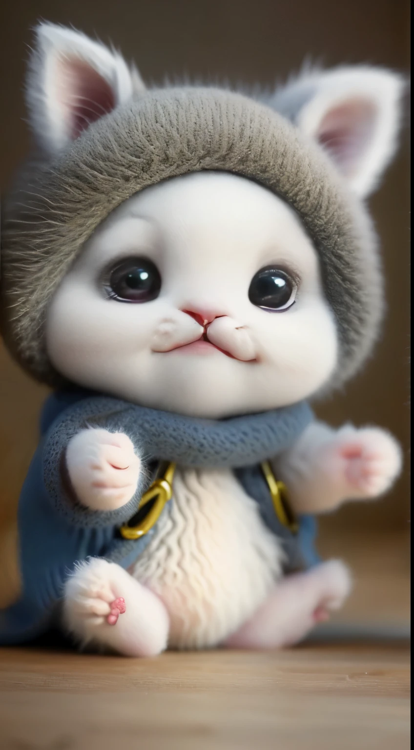 kitten in clothes， miniature kitten， Animal focus， bearded， Realistic， Gonzo hand， ambiguous background，smile，interesting、