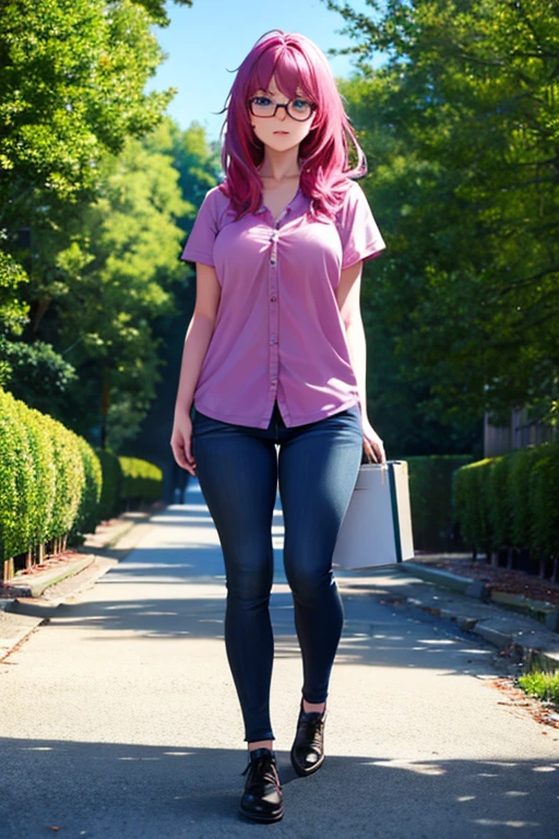 A pink haired woman with violet eyes with glasses is holding books under her arms as she walks through the park
